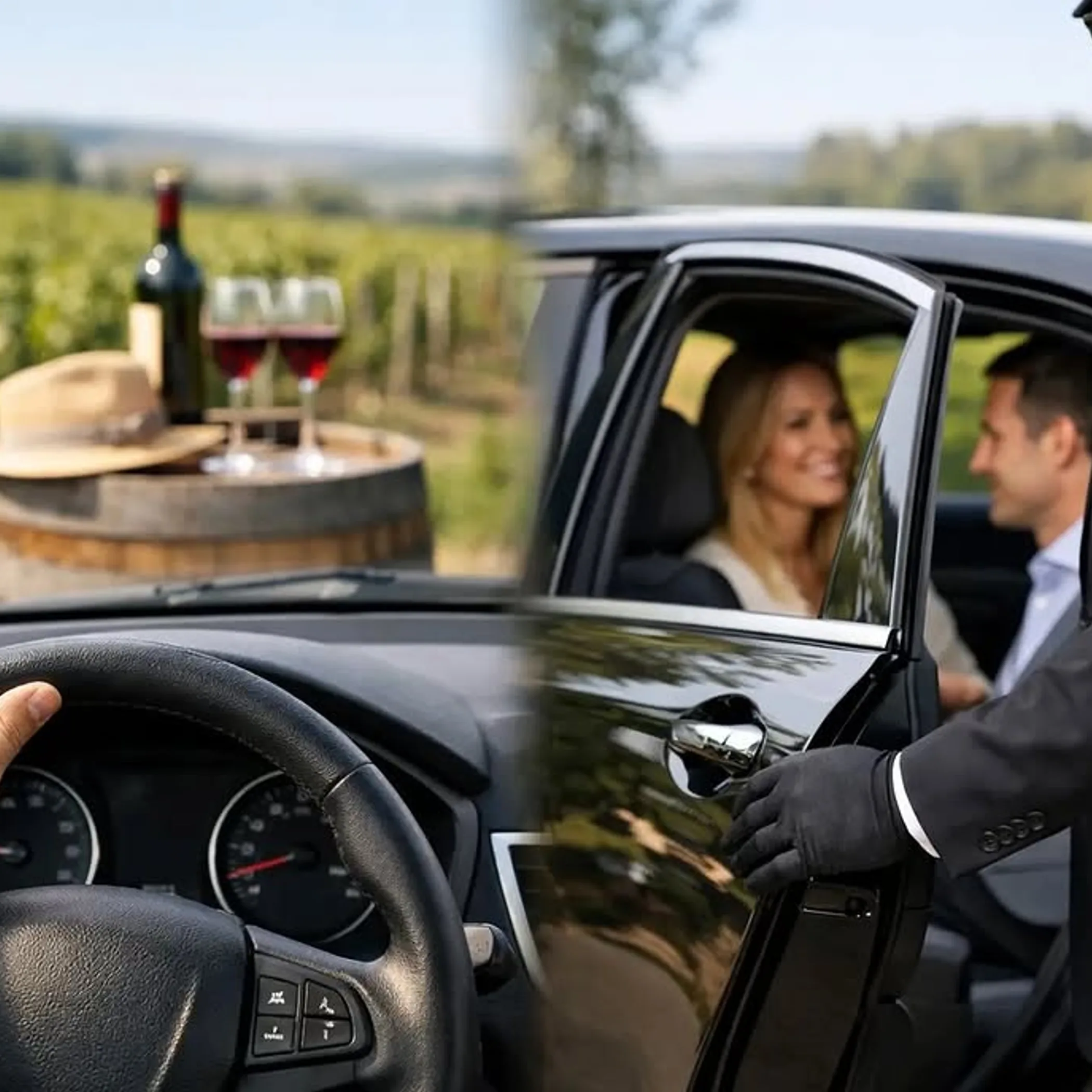 chauffeur driving wine tour car vineyard