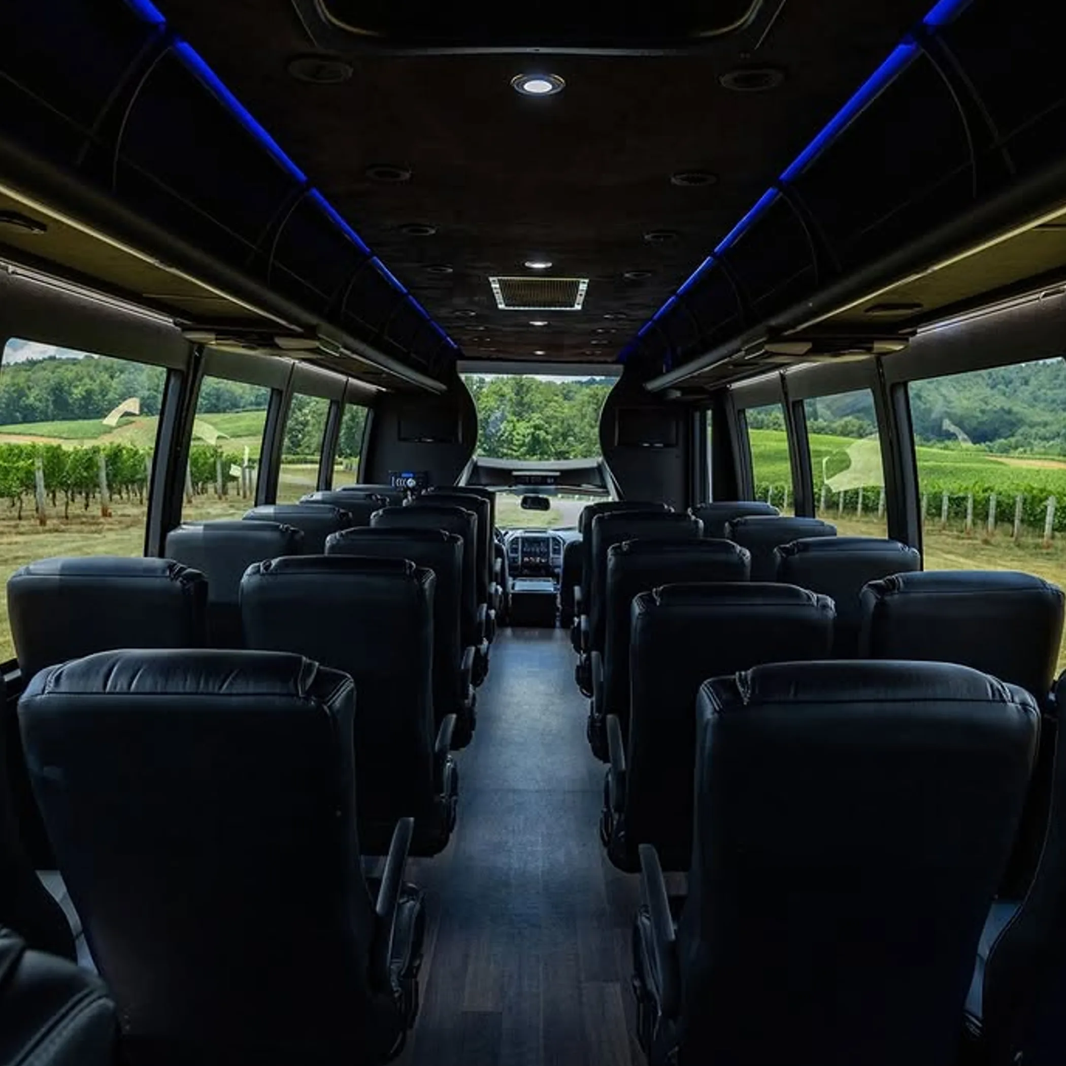 bus interior with vineyard views