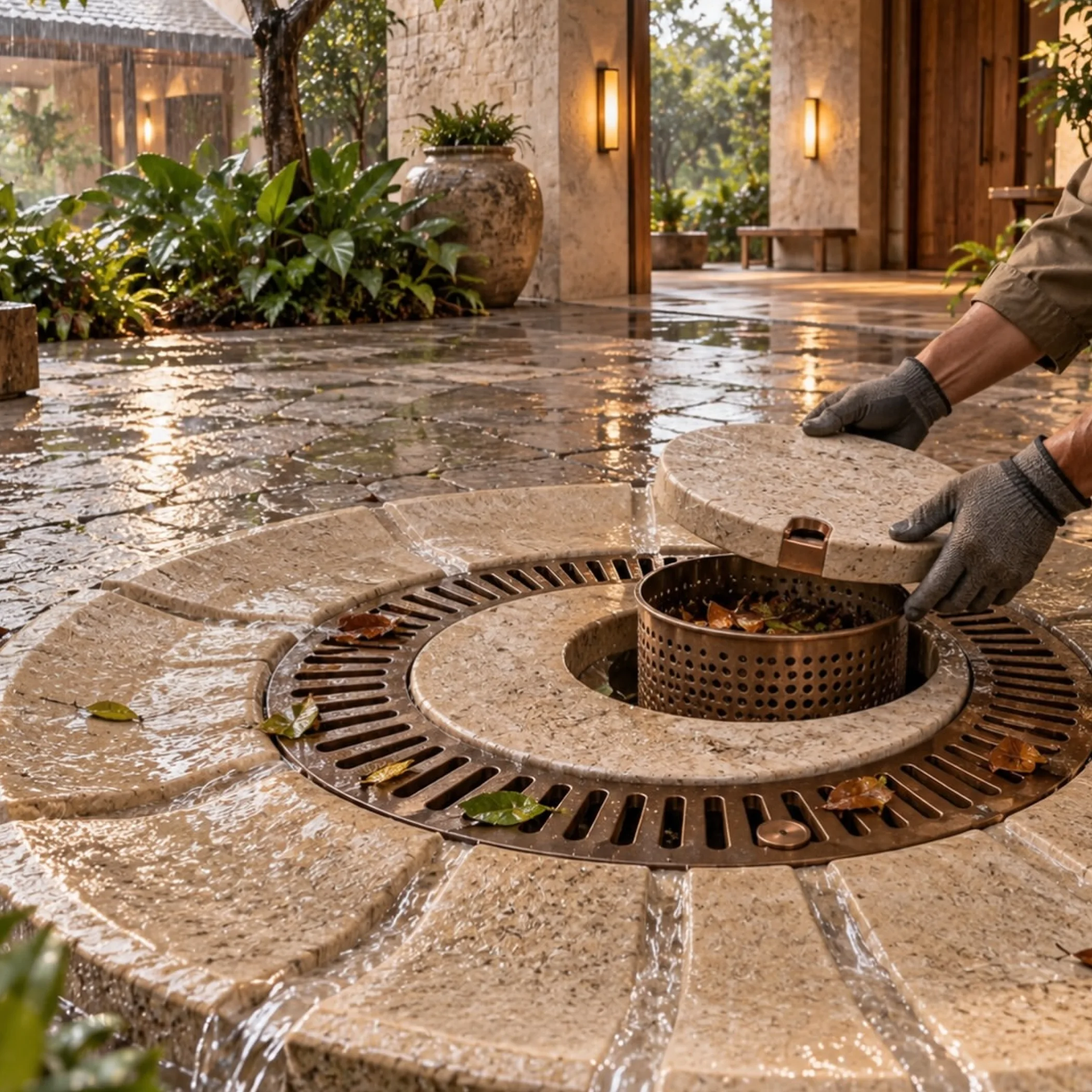 landscaped stormwater drain with debris basket