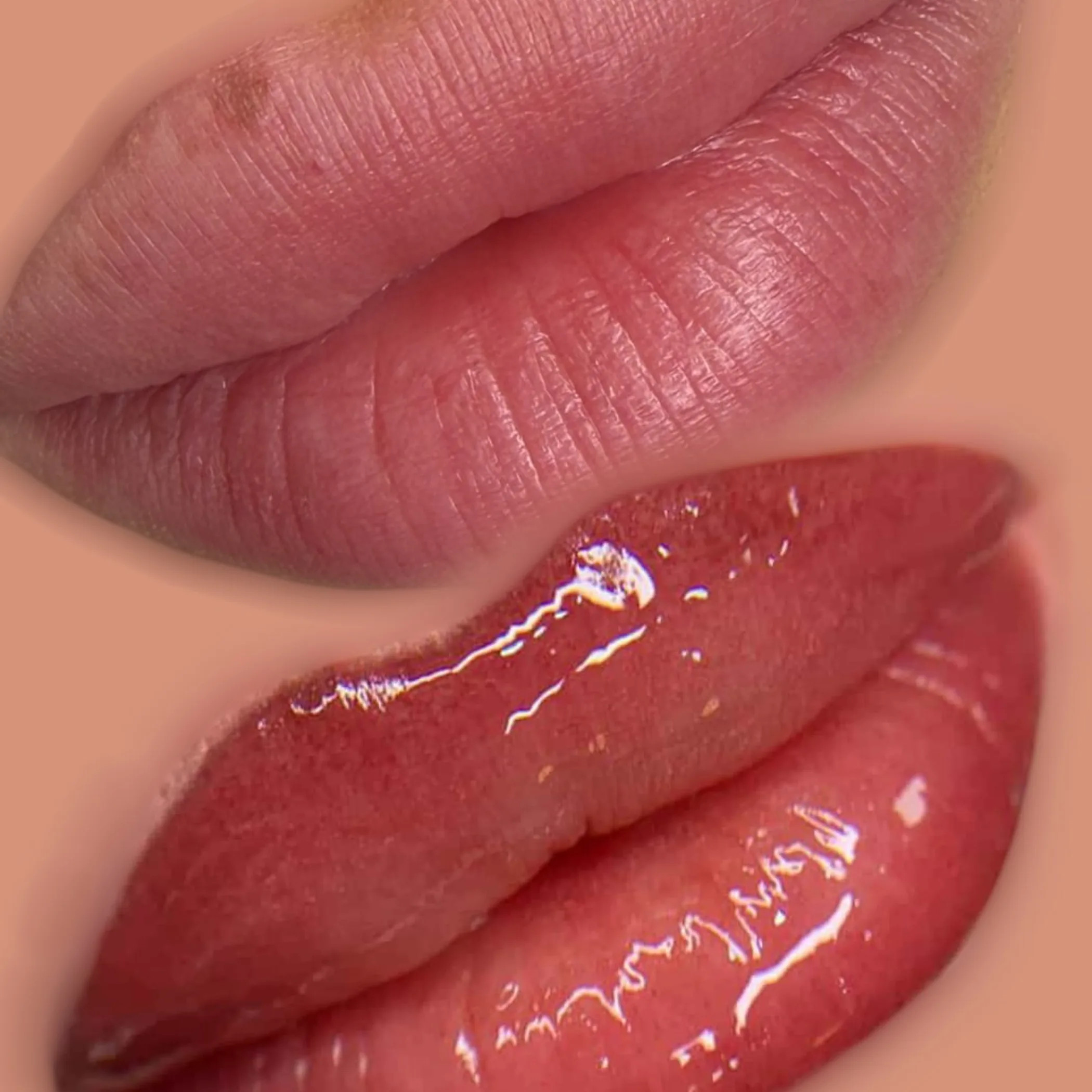 glossy natural blush-shaded lips